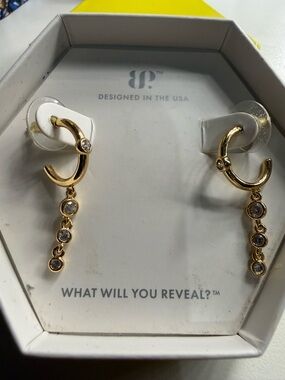 Gold-Tone Drop Hoop Earrings with Crystal Dangles - Designed in the USA